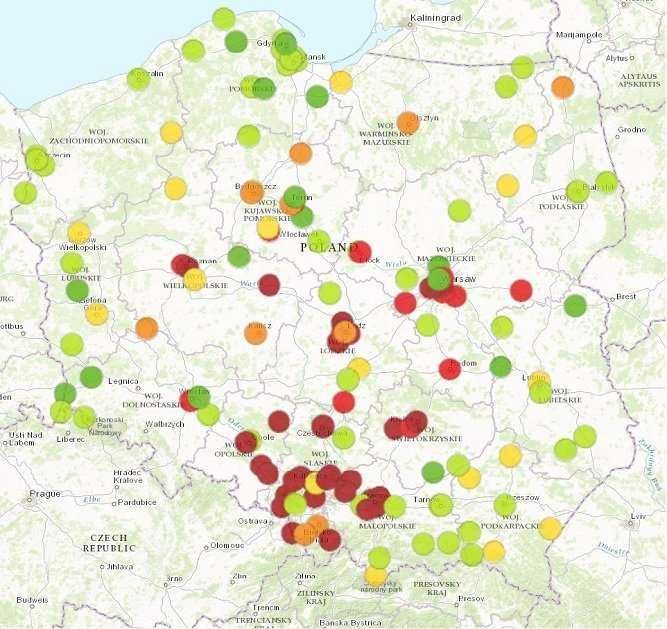 Stan powietrza w Polsce (stan na 9.01.2017 r. godz. 12:30). Źródło:www.powietrze.gios.gov.pl/